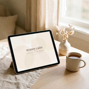 May include: A tablet displaying a digital journal cover with the text "money calm" and "a gentle journal for an anxious relationship with money" over a background of overlapping beige circles, positioned next to a ceramic mug and a small vase.