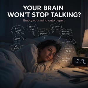 Puede incluir: Un gráfico digital con el texto YOUR BRAIN WON'T STOP TALKING? Empty your mind onto paper. Sobre una persona acostada en la cama a las 3:17 AM, burbujas de pensamiento blancas dibujadas a mano contienen: don't forget, report due, rent payment, groceries, email, call back, meeting tomorrow, what if, so much to do y am I doing enough?