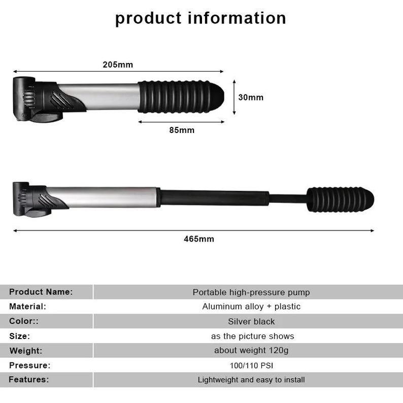 May include: A portable high-pressure pump in silver and black, made of aluminum alloy and plastic. The pump measures 205mm in length when retracted and 465mm when extended, with a 30mm diameter. It weighs 120g and supports 100/110 PSI pressure.