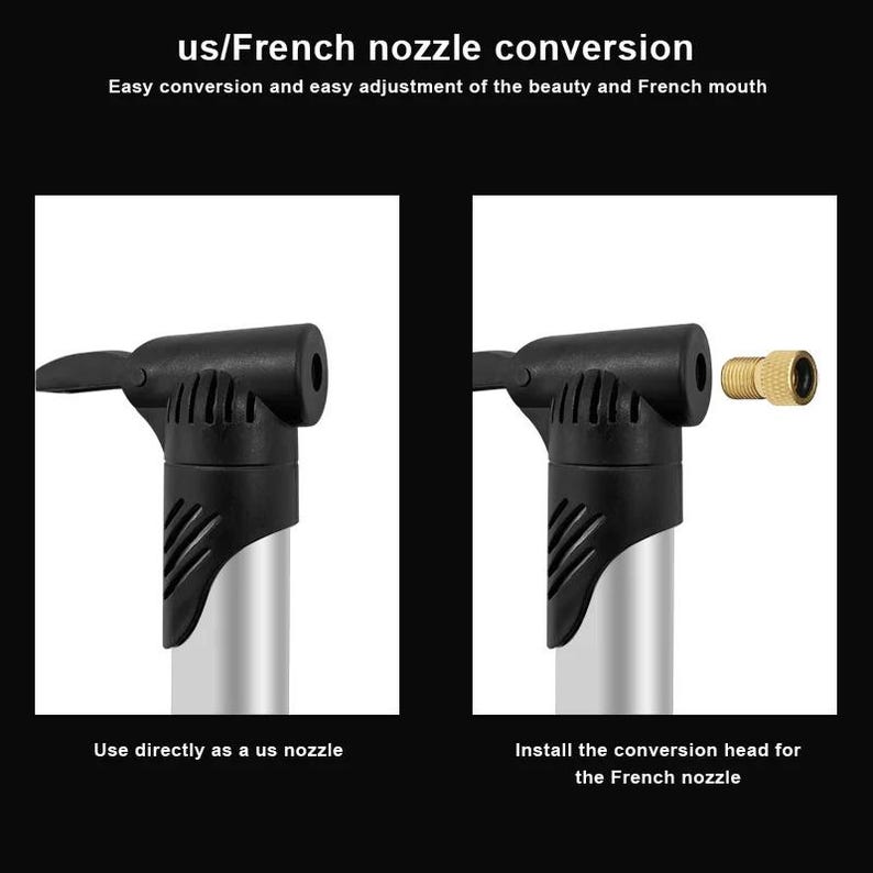 May include: A black and silver bicycle pump head with a lever, featuring a brass conversion adapter. Text reads: us/French nozzle conversion, Easy conversion and easy adjustment of the beauty and French mouth, Use directly as a us nozzle, Install the conversion head for the French nozzle.