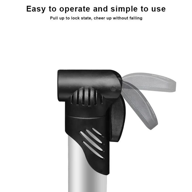May include: A black and silver bicycle pump nozzle featuring a locking lever mechanism. The text at the top reads: Easy to operate and simple to use. Pull up to lock state, cheer up without falling. The nozzle has a ribbed black plastic head.
