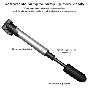 May include: A retractable bicycle pump with a silver aluminum alloy body and black plastic components. The text reads: Retractable pump to pump up more easily. When stretched, the length is about 46.5cm, and the aluminum alloy body is thick and sturdy and labor-saving. It features a high-strength plastic inner tube and a plastic non-slip handle.