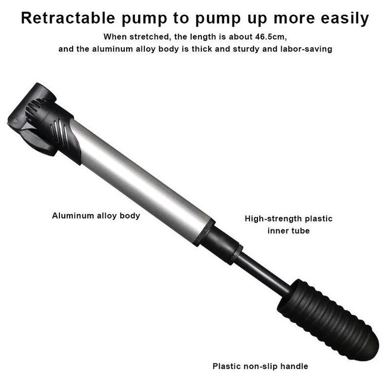 May include: A retractable bicycle pump with a silver aluminum alloy body and black plastic components. The text reads: Retractable pump to pump up more easily. When stretched, the length is about 46.5cm, and the aluminum alloy body is thick and sturdy and labor-saving. It features a high-strength plastic inner tube and a plastic non-slip handle.