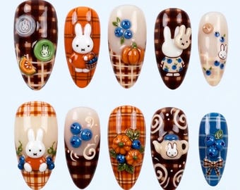 Handmade Miffy Autumn Press On Nails, 3D Gel Blueberries and Teapot Fake Art, Brown, Orange and Blue Plaid Acrylics, Cozy Theme Manicure