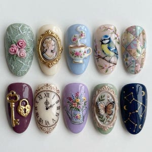 Vintage Cottagecore Press On Nails Victorian Fake Nails 3D Tea Cup Cameo Portrait Bird Floral Watering Can Key Clock Constellation Nails
