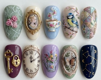Victorian Cottagecore Press On Nails: 3D Tea Cup, Cameo, Bird, Clock, Constellation Designs