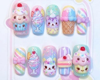 3D Kawaii Cupcake Press On Nails: Pastel Ice Cream, Candy Bear Designs
