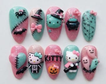 Handmade Kitty Halloween Press On Nails, 3D Witch Skeleton Pumpkin Art, Pink Mint Fake Nails