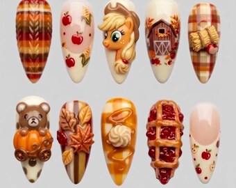Handmade My Little Pony Autumn Press On Nails, 3D Gel Applejack and Cherry Pie Fake Art, Fall Harvest Theme Manicure