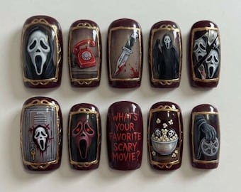 Handmade Scream Press On Nails, Vintage Ghost Mask Knife Art, Burgundy Fake Nails