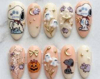 Handmade Cartoon Dog Ghost Press On Nails, 3D Lily Pumpkin Stitched Art, Pastel Goth Spooky Fake Nails