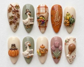 Handmade Thanksgiving Pilgrim Goose Press On Nails, 3D Turkey Leg Pumpkin Harvest Art, Fall Fake Nails