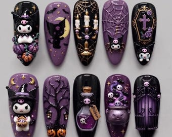 Handmade Kuromi Halloween Press On Nails, 3D Witch Poison Cauldron Art, Purple Black Gothic Fake Nails