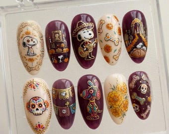 Handmade Cartoon Dog Day of the Dead Press On Nails, 3D Sugar Skull Mariachi Art, Purple Fiesta Fake Nails