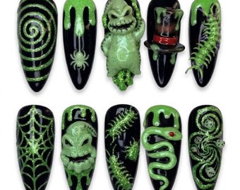 Handmade Nightmare Monster Neon Green Press On Nails, 3D Gel Bug and Dice Fake Art, Spooky Villain Theme Manicure