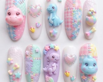 Handmade Pastel Dinosaur Press On Nails, 3D Patchwork Dino Egg Bone Art, Kawaii Fake Nails