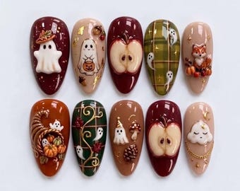 Handmade Cozy Autumn Ghost Press On Nails, 3D Apple Fox Pumpkin Art, Fall Cottagecore Fake Nails