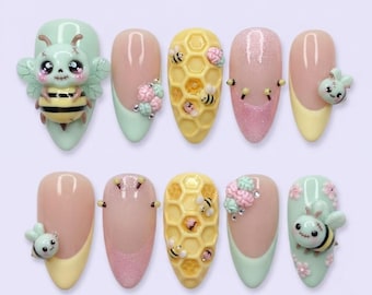 Handmade Pastel Zombie Bee Press On Nails, 3D Honeycomb Franken Art, Mint Yellow Fake Nails
