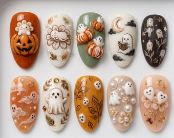 Handmade 3D Pumpkin Ghost Press-On Nails, Autumn Floral Cottagecore Art