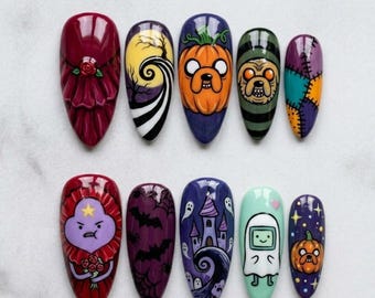 Handmade Adventure Time Halloween Press On Nails, 3D Cartoon Pumpkin Art, Fake Nails