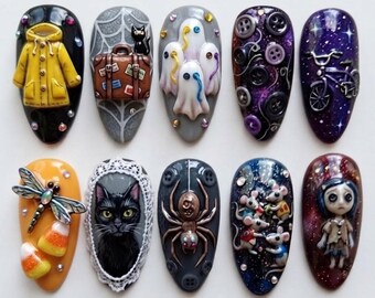 Handmade Press On Nails, Spooky Fantasy Black Cat, Ghost, Spider Art