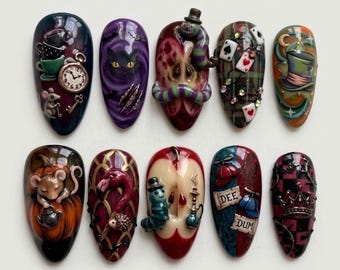 Handmade Alice in Wonderland Press On Nails, 3D Gel Cheshire Cat and Mad Hatter Fake Art, Wonderland Theme Manicure