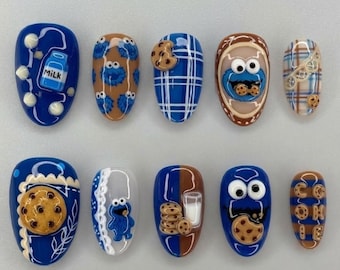 Handmade Monster Baking Press On Nails, 3D Chocolate Chip Cookie Milk Art, Blue Fake Nails