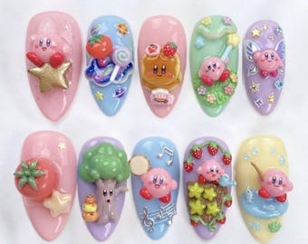 Handmade Kirby Dream Land Press On Nails, 3D Star Rod Pancake Fishing Art, Pastel Gamer Fake Nails