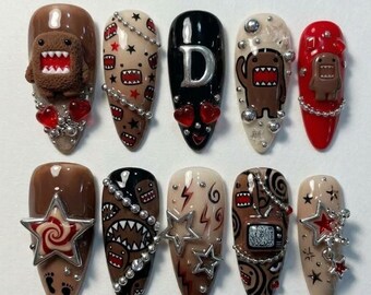 Handmade Domo Y2K Press On Nails, 3D Gel Monster and Silver Star Fake Art, Brown, Red and Black Acrylics, Internet Icon Theme Manicure
