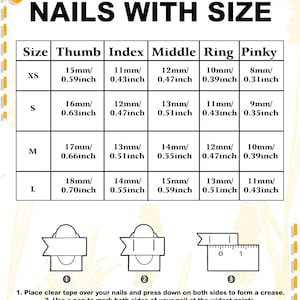 K&ouml;nnte beinhalten: Eine Gr&ouml;&szlig;entabelle mit dem Titel NAILS WITH SIZE zeigt Ma&szlig;e in Millimetern und Zoll f&uuml;r Daumen, Zeige-, Mittel-, Ring- und kleinen Finger in den Kategorien XS, S, M und L. Drei Diagramme veranschaulichen das Messen der N&auml;gel mit Klebeband und Lineal.