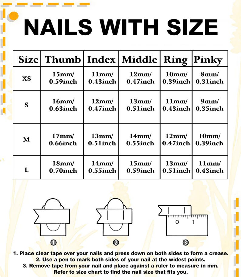 K&ouml;nnte beinhalten: Eine Gr&ouml;&szlig;entabelle mit dem Titel NAILS WITH SIZE zeigt Ma&szlig;e in Millimetern und Zoll f&uuml;r Daumen, Zeige-, Mittel-, Ring- und kleinen Finger in den Kategorien XS, S, M und L. Drei Diagramme veranschaulichen das Messen der N&auml;gel mit Klebeband und Lineal.