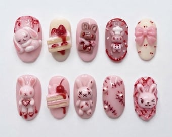 Handmade Menhera Bunny Press On Nails, 3D Bloody Cherry Cake Stitched Rabbit Art, Pastel Goth Fake Nails