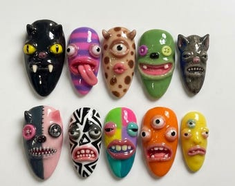Handmade Quirky Monster Faces Press On Nails, 3D Gel Multi-Eyed Creatures Fake Art, Unique Monster Theme Manicure
