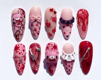 Handmade Gloomy Bear Press On Nails, 3D Creepy Cute Knife Bow Art, Pink Red Fake Nails