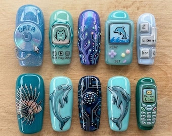 Y2K Cyberpunk Press On Nails: Dolphin, Tamagotchi, Circuit Board Designs