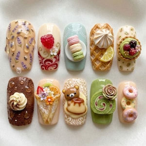 Kawaii 3D Dessert Press On Nails Cute Teddy Bear Fake Nails Sweet Macaron Press Ons Crepe Waffle Fruit Tart Donut Roll Cake Bakery Gift Nail