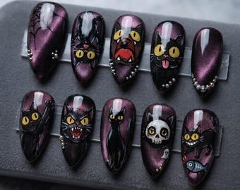 Handmade Black Cat Halloween Press On Nails, 3D Gel Spooky Cats and Skull Fake Art, Mystic Theme Manicure