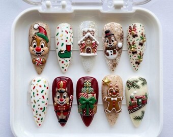 Handmade Holiday Chip Press On Nails, 3D Gel Gingerbread and Nutcracker Fake Art, Red, Christmas Theme Manicure
