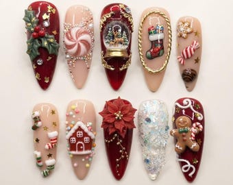 Handmade Christmas Snowglobe Press On Nails, 3D Gingerbread Poinsettia Candy Cane Art, Luxury Holiday Fake Nails