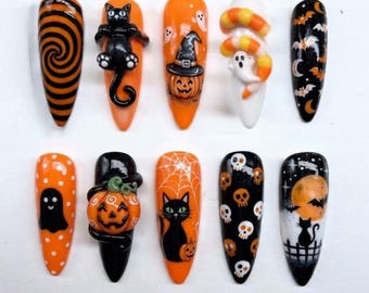 Handmade Black Cat Halloween Press On Nails, 3D Pumpkin Candy Cane Ghost Art, Orange Spooky Fake Nails