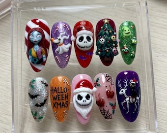 Handmade Halloween Christmas Press On Nails, Festive Spooky Multi-Color Acrylics, Holiday Crossover Theme Manicure