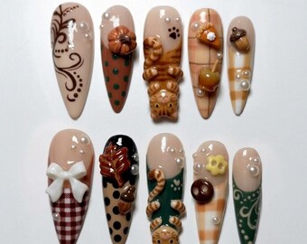 Handmade Autumn Tabby Cat Press On Nails, 3D Pumpkin Pie Caramel Apple Art, Cozy Brown Fake Nails