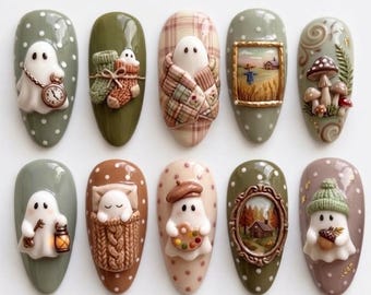 Handmade Ghost Press On Nails, 3D Autumn Fall Art, Whimsical Spooky Manicure