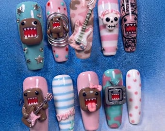 Handmade Domo Rock Press On Nails, 3D Gel Guitar and TV Fake Art, Rocker Theme Manicure