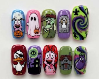 Handmade Cartoon Dog Halloween Press On Nails, 90s Eustace Slab Art, Fake Nails