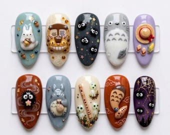 Handmade Ghibli Press On Nails, 3D Gel Totoro, Catbus and Forest Spirits Fake Art, Animation Theme Manicure