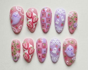 Kawaii Pastel Ghost Strawberry Press On Nails – 3D Goth Fake Nails