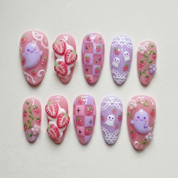 Kawaii Pastel Ghost Press On Nails Cute 3D Strawberry Fake Nails Creepy Cute Press Ons Kawaii Pastel Goth Pink Checkerboard Autumn Gift Nail