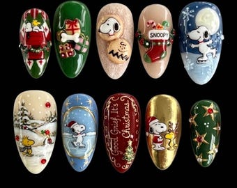 Handmade Cartoon Dog Christmas Press On Nails, 3D Santa Ice Skating Cookie Art, Festive Holiday Fake Nails
