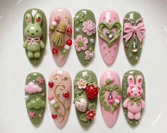 Handmade Matcha Strawberry Bunny Press On Nails, 3D Miffy Dango Tea Party Art, Pink Green Fake Nails